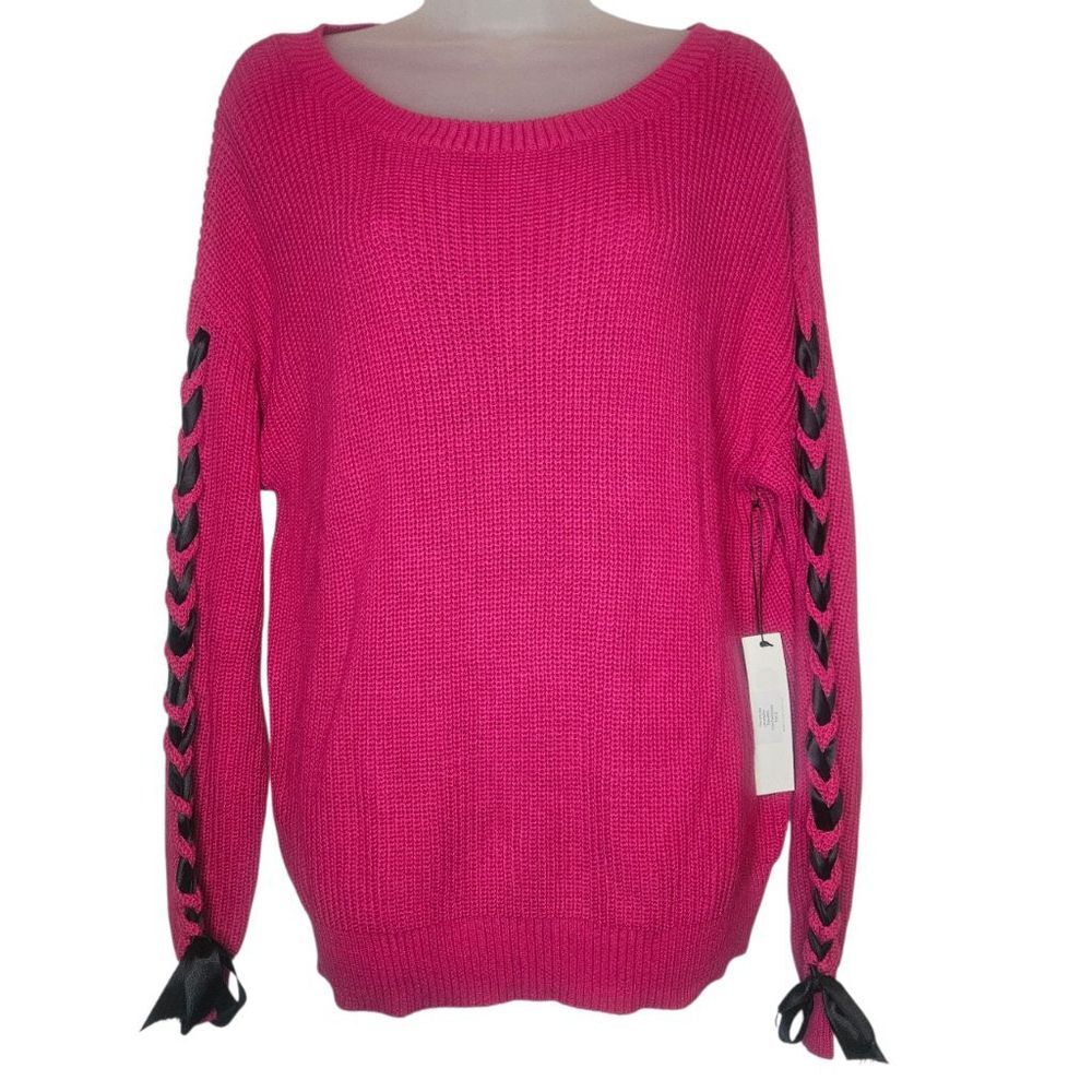 One Grey Day Hot Pink Knit Sweater with Black Ribbon Lace-Up Sleeves Cozy 22 PTP